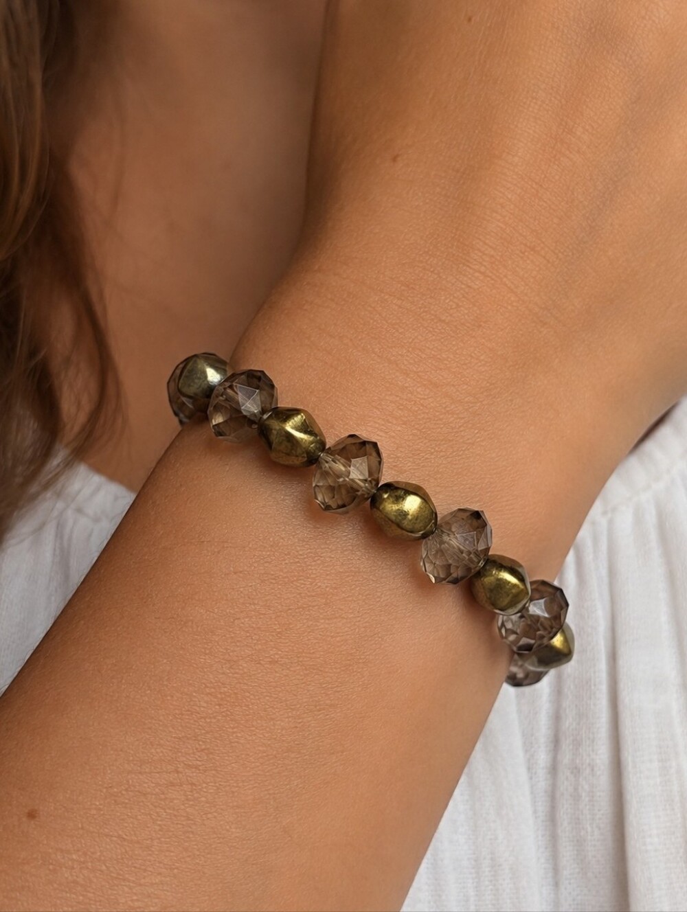 Chunky Mixed Media Gold Tone Smokey Crystal Beaded Stretch Bracelet